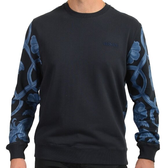 Versace Men's Navy Blue & Blue Barocco Print Cotton Sweatshirt US L IT 52 - Picture 1 of 6
